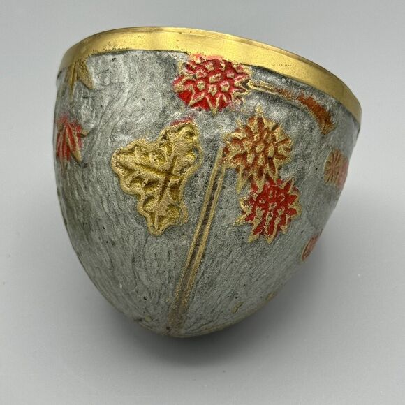 Vtg Handpainted Raised Floral Brass 2 Pc Egg Trinket Box with Brass Stand 5 inch - Picture 10 of 11